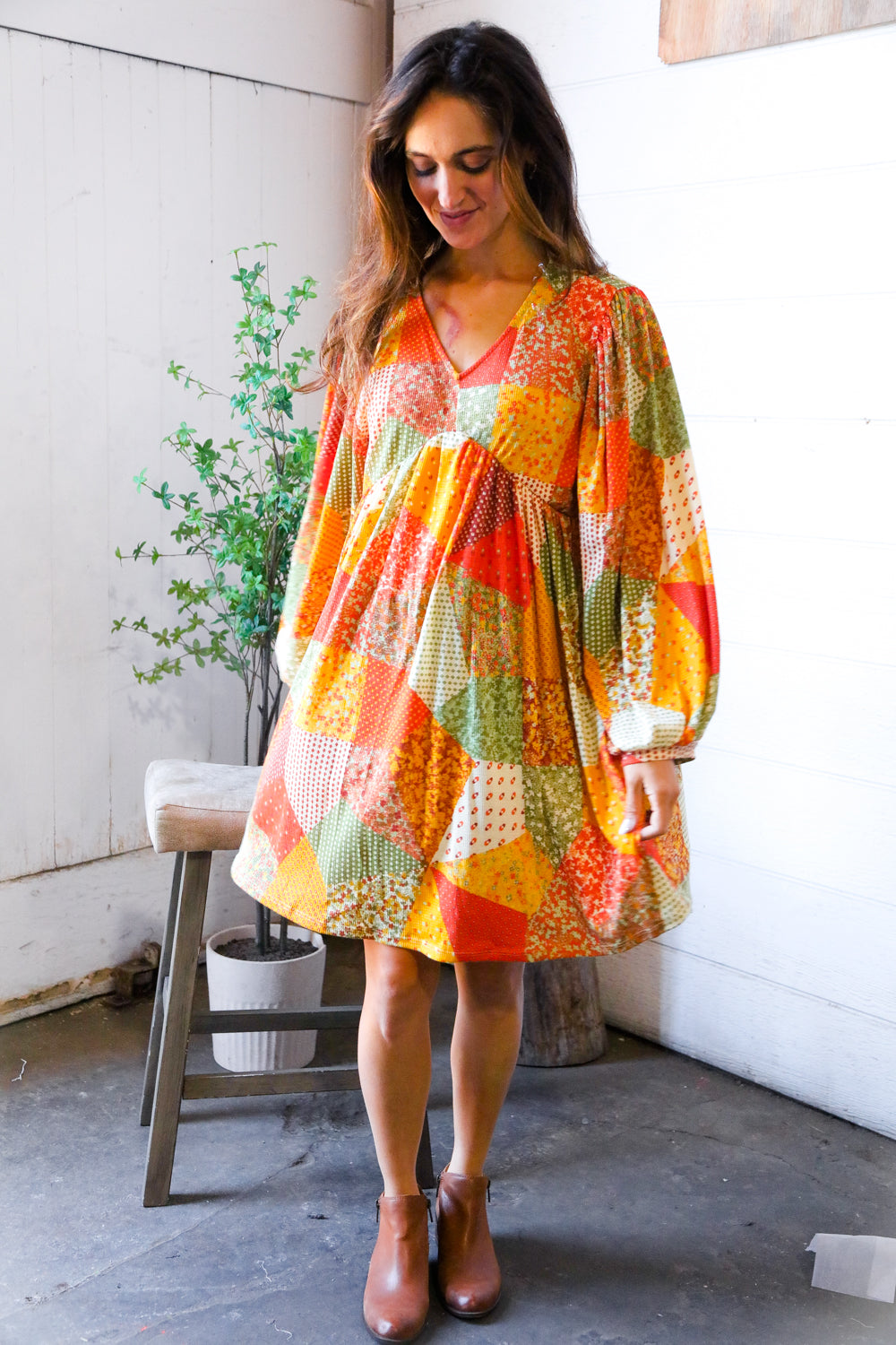 Harvest Patchwork Dreams Thermal Babydoll Bubble Dress-Modish Lily, Tecumseh Michigan