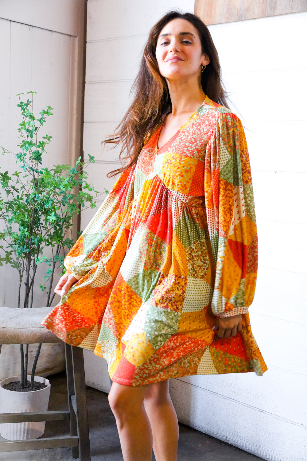 Harvest Patchwork Dreams Thermal Babydoll Bubble Dress-Modish Lily, Tecumseh Michigan
