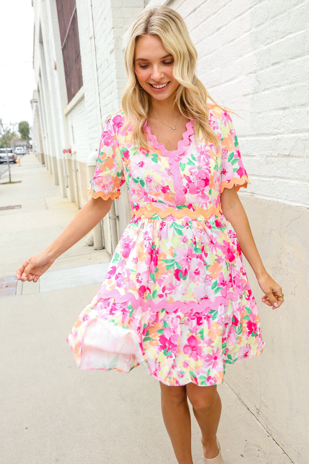 Beautiful You Rose Floral Print Ric Rack Trim Babydoll Dress-Modish Lily, Tecumseh Michigan