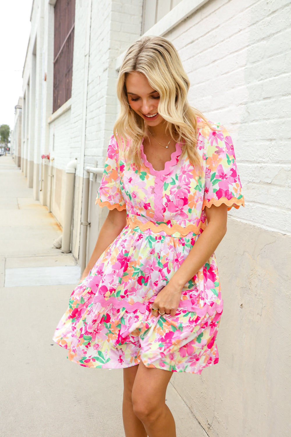 Beautiful You Rose Floral Print Ric Rack Trim Babydoll Dress-Modish Lily, Tecumseh Michigan