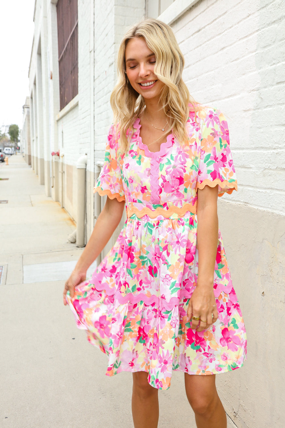Beautiful You Rose Floral Print Ric Rack Trim Babydoll Dress-Modish Lily, Tecumseh Michigan