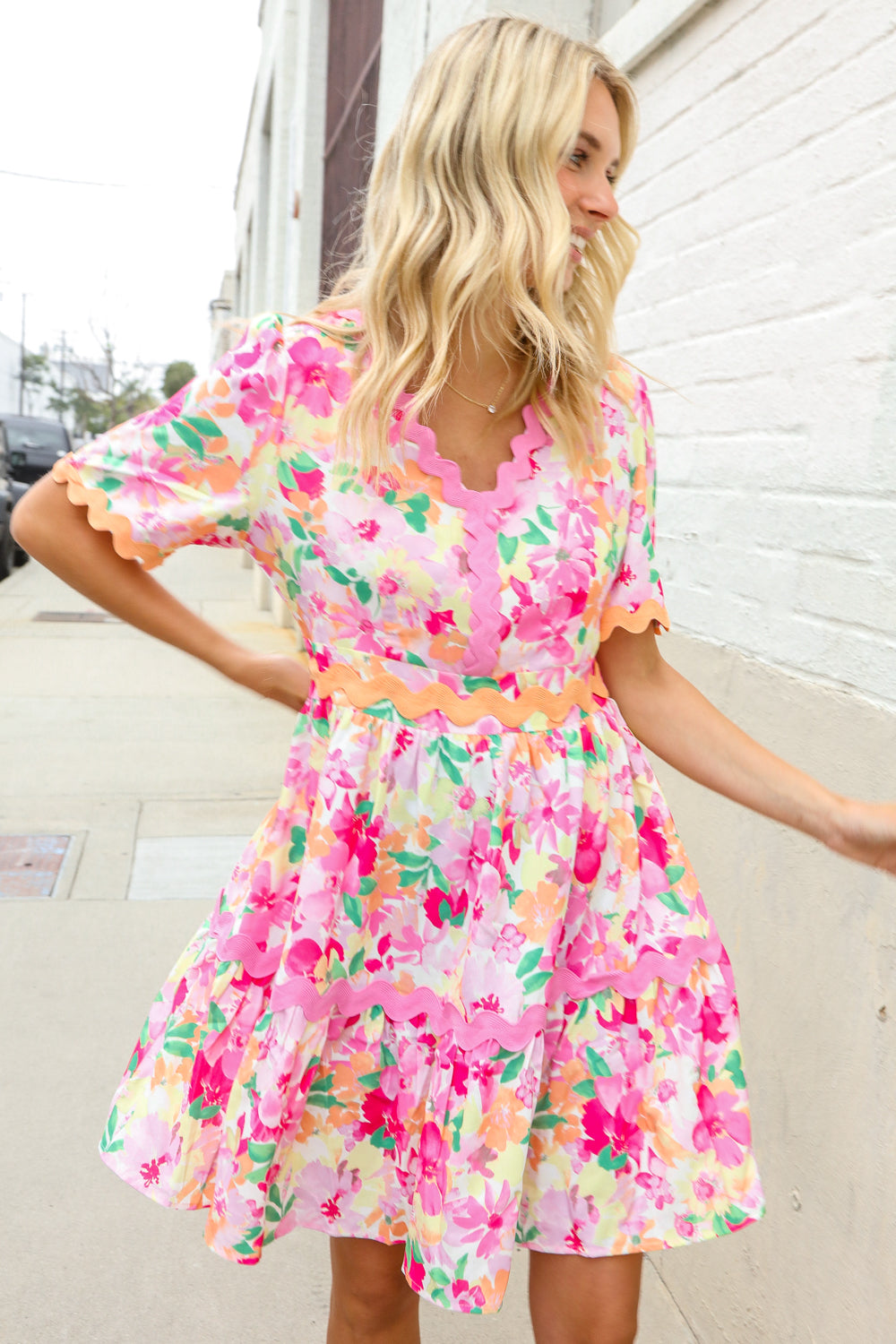 Beautiful You Rose Floral Print Ric Rack Trim Babydoll Dress-Modish Lily, Tecumseh Michigan