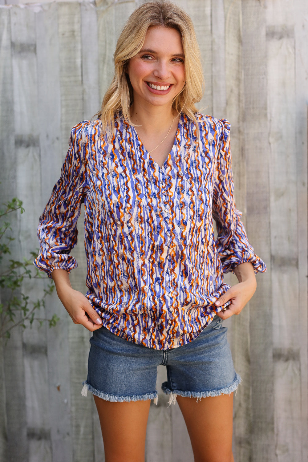 On A Wild Streak V Neck Fabric Button Detail Blouse-Modish Lily, Tecumseh Michigan