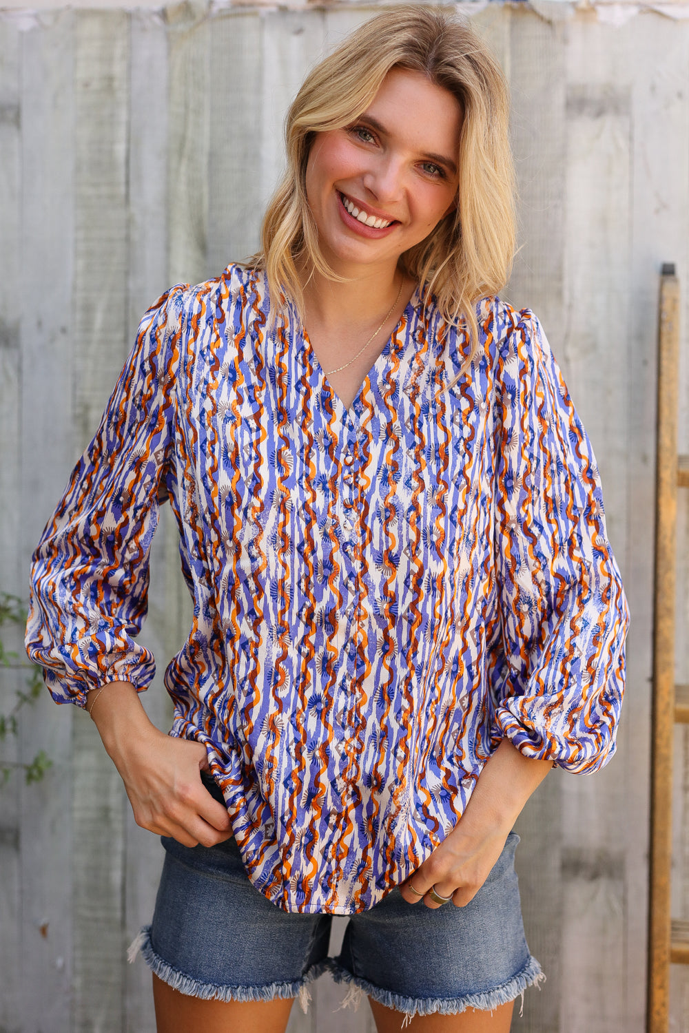 On A Wild Streak V Neck Fabric Button Detail Blouse-Modish Lily, Tecumseh Michigan