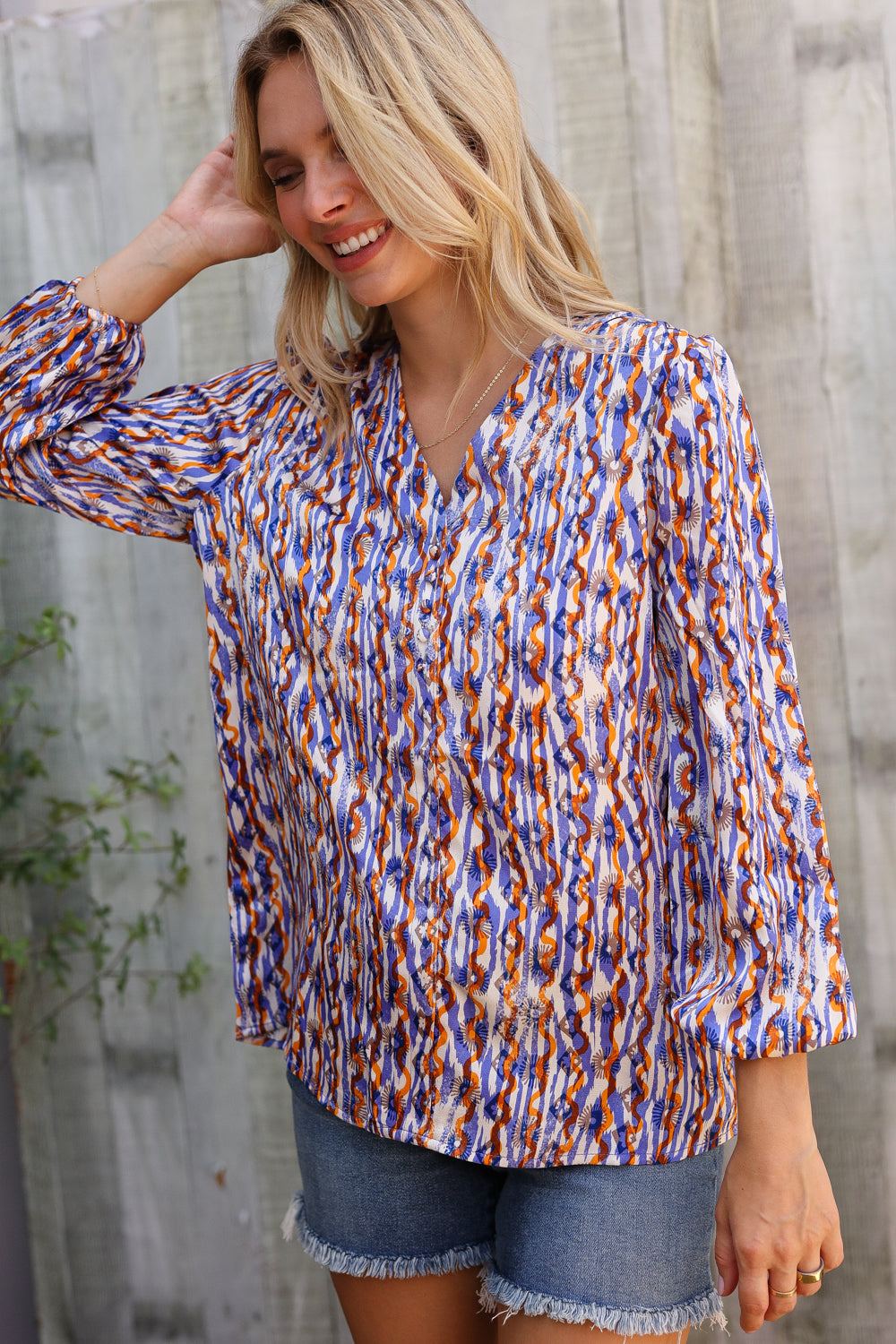 On A Wild Streak V Neck Fabric Button Detail Blouse-Modish Lily, Tecumseh Michigan