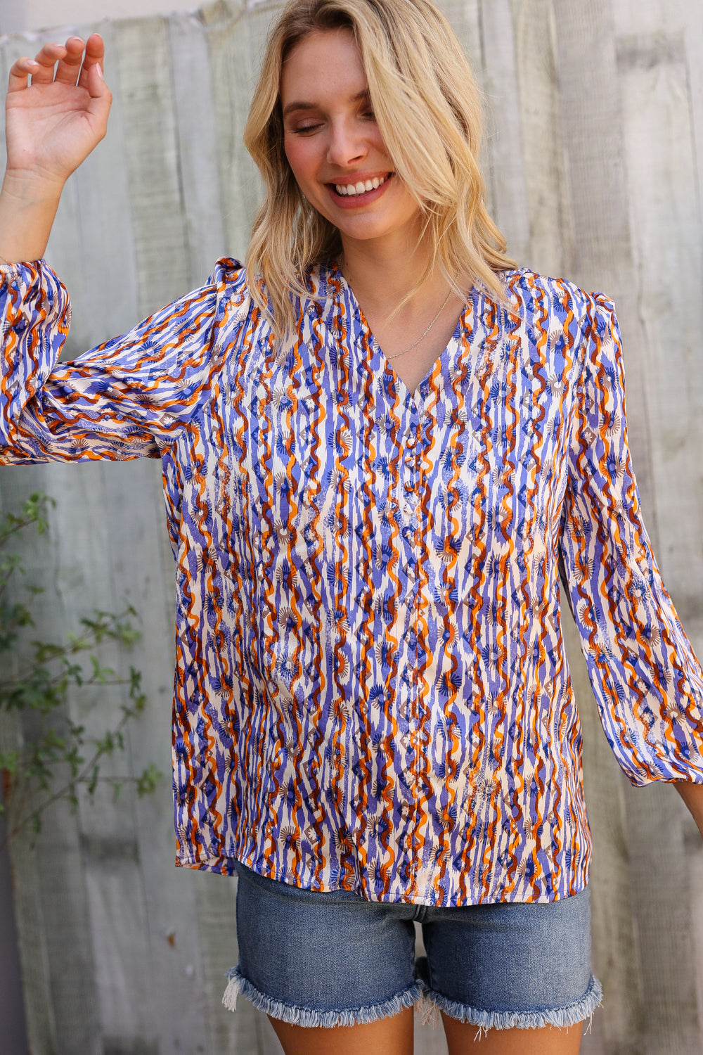 On A Wild Streak V Neck Fabric Button Detail Blouse-Modish Lily, Tecumseh Michigan