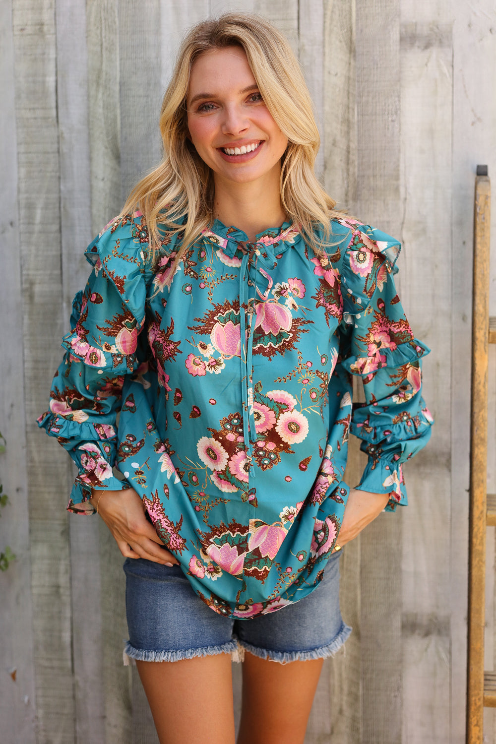 Find Love Aqua Satin Frill Neck Front Tie Ruffle Long Sleeve Blouse-Modish Lily, Tecumseh Michigan