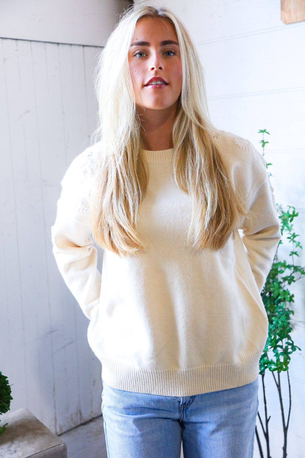 Mellow Musings Taupe Embroidered Sweater-Modish Lily, Tecumseh Michigan
