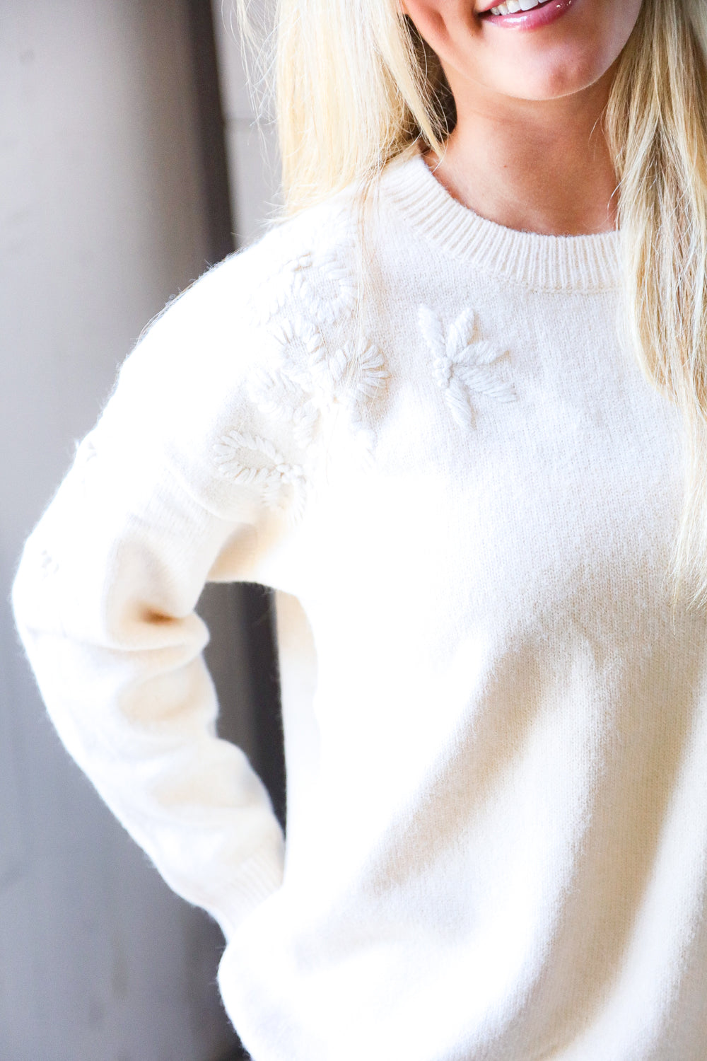 Mellow Musings Taupe Embroidered Sweater-Modish Lily, Tecumseh Michigan