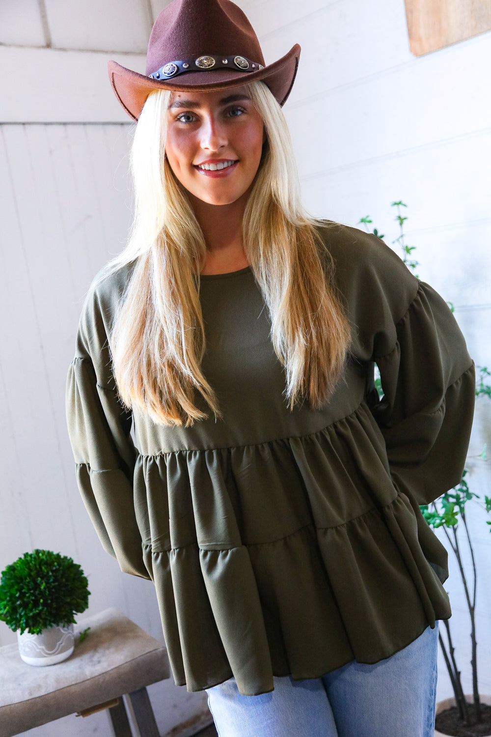 Take Me Home Olive Babydoll Oversized Blouse-Modish Lily, Tecumseh Michigan