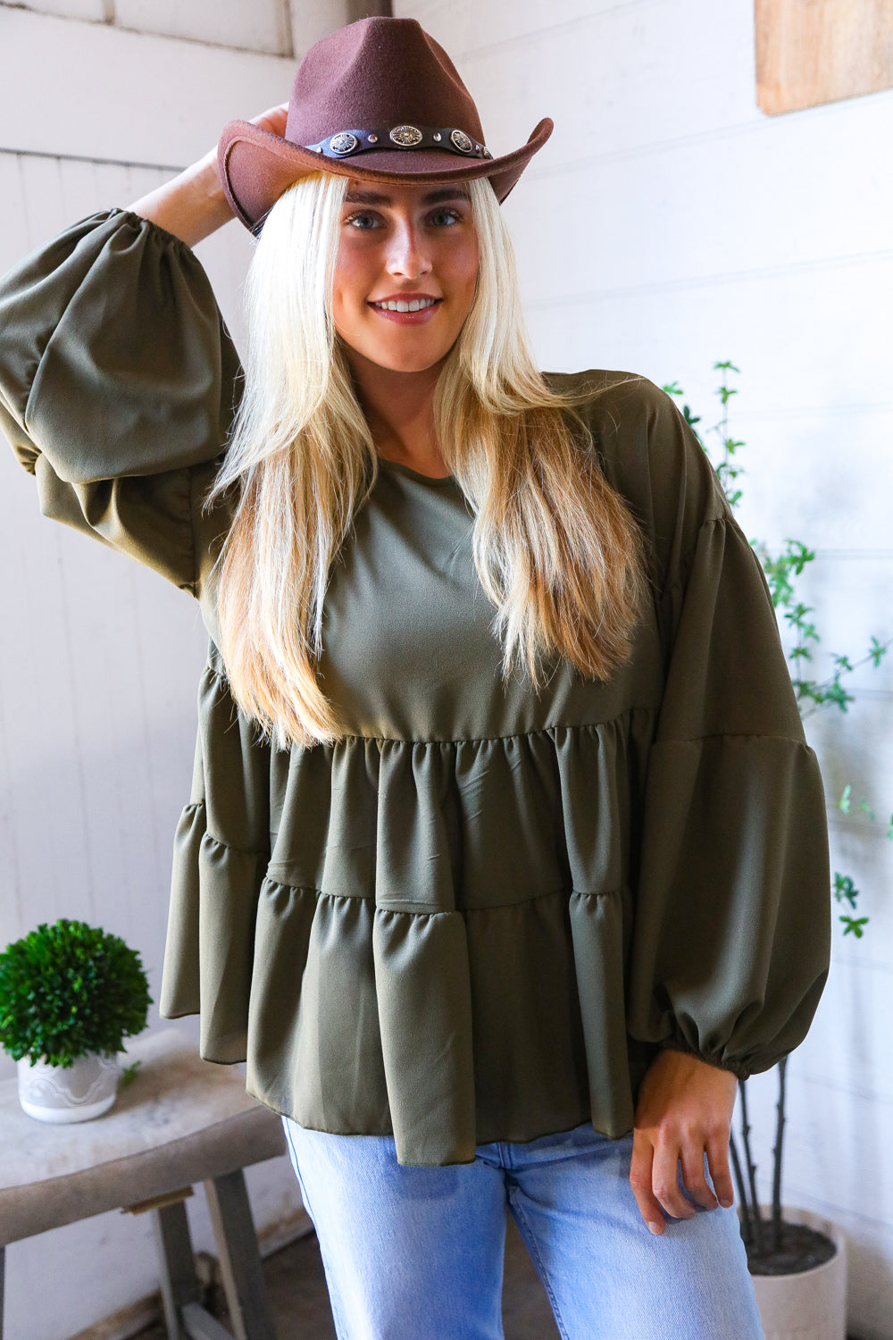 Take Me Home Olive Babydoll Oversized Blouse-Modish Lily, Tecumseh Michigan