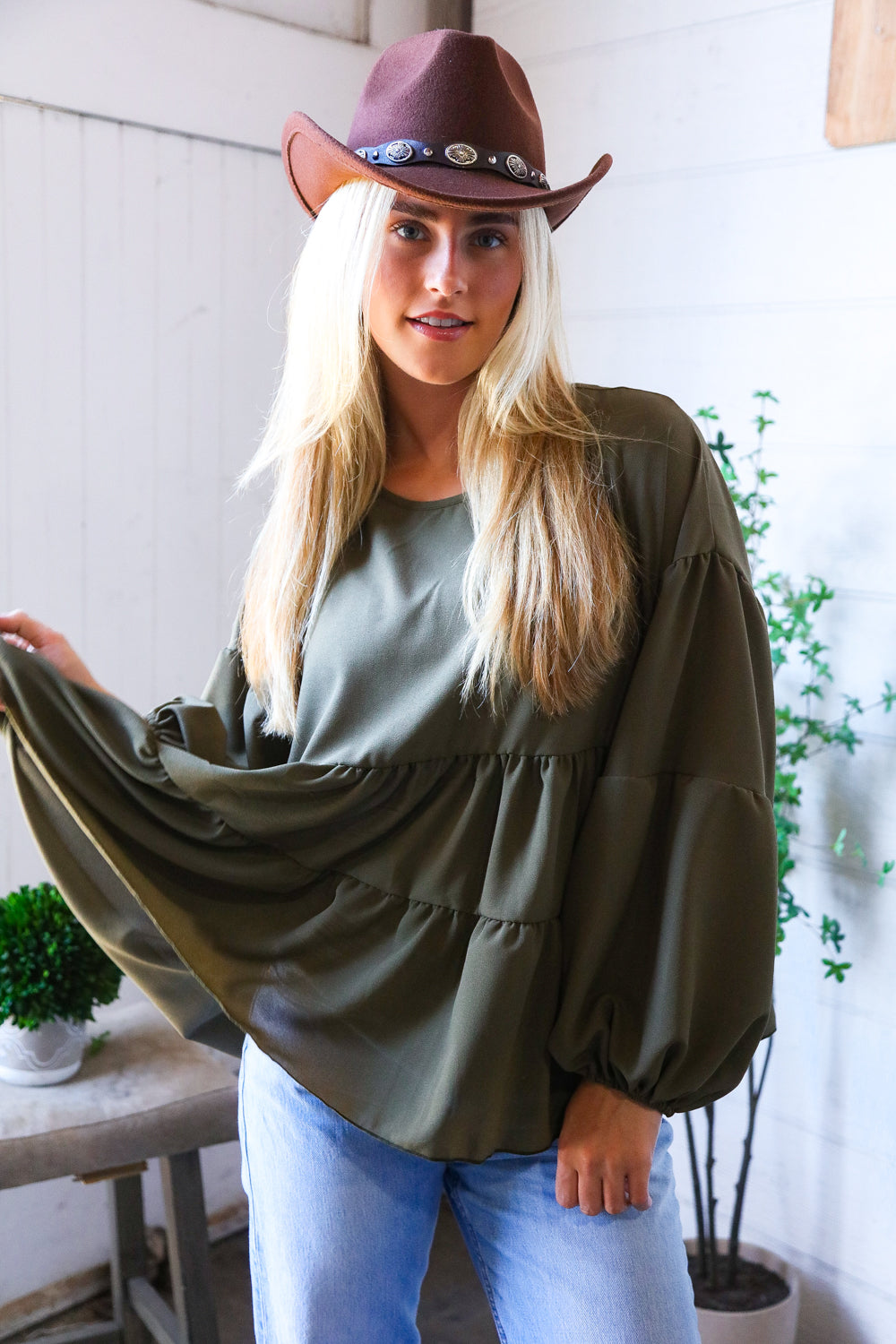 Take Me Home Olive Babydoll Oversized Blouse-Modish Lily, Tecumseh Michigan