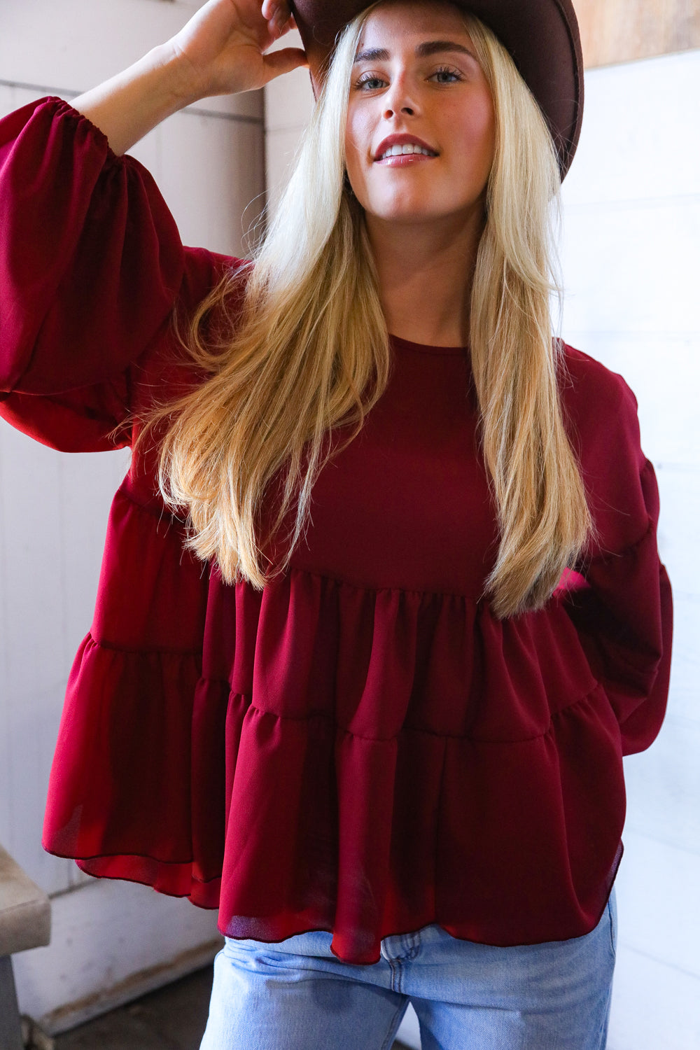 Take Me Home Wine Babydoll Oversized Blouse-Modish Lily, Tecumseh Michigan
