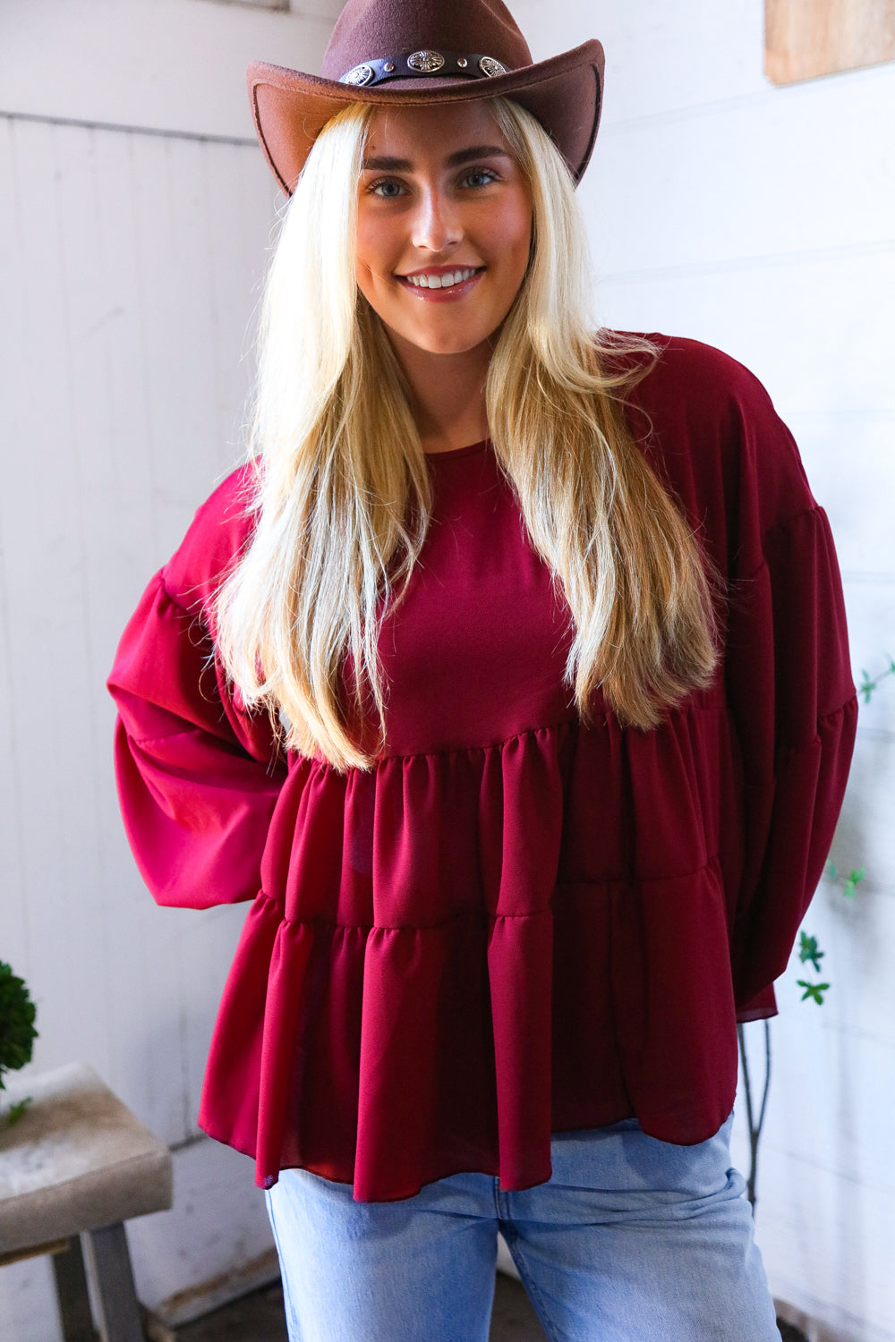 Take Me Home Wine Babydoll Oversized Blouse-Modish Lily, Tecumseh Michigan
