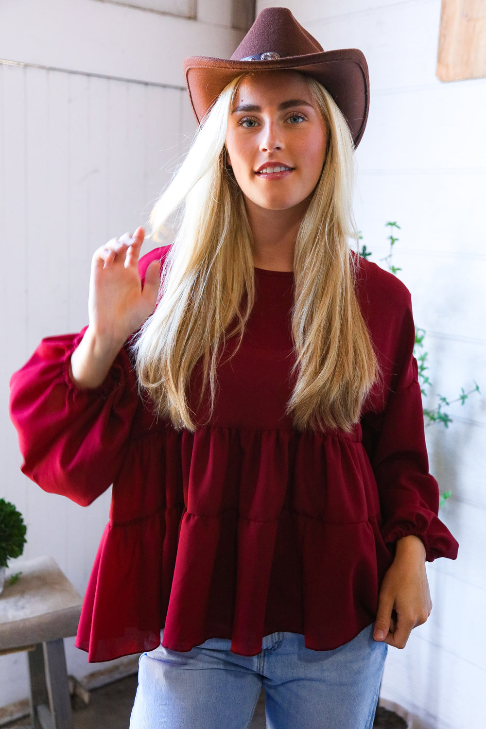 Take Me Home Wine Babydoll Oversized Blouse-Modish Lily, Tecumseh Michigan