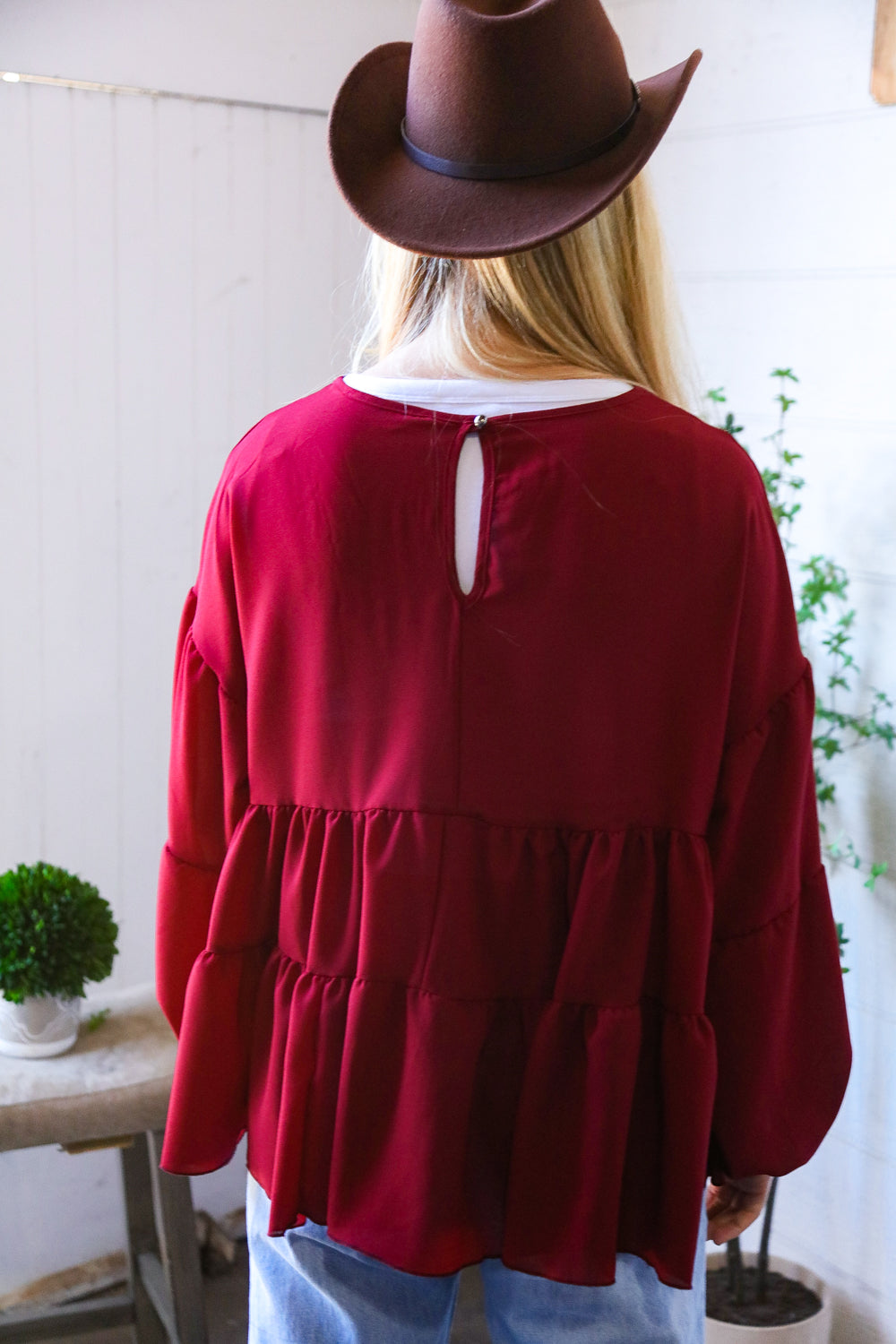 Take Me Home Wine Babydoll Oversized Blouse-Modish Lily, Tecumseh Michigan