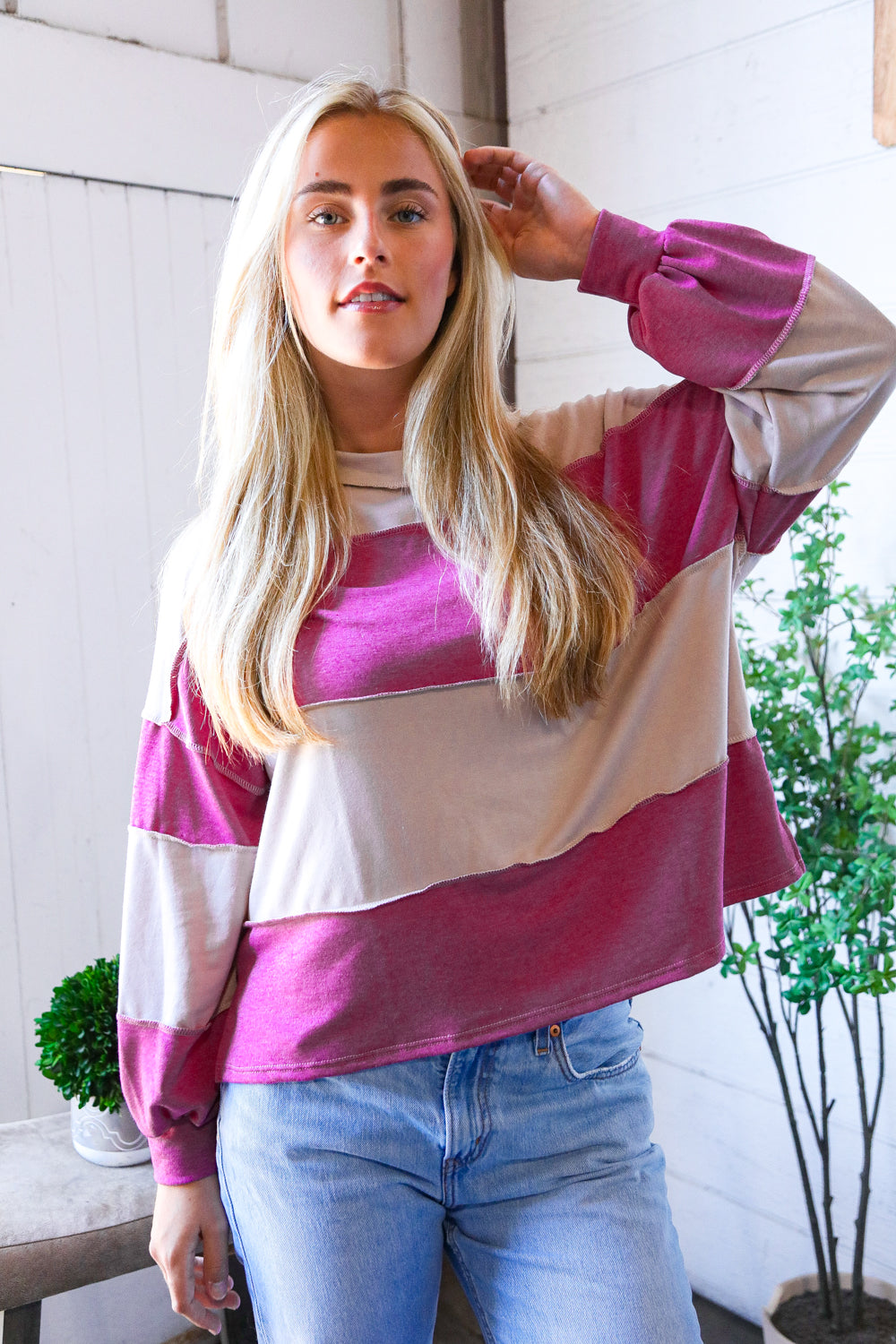 At the Block Party Magenta Loose Fit Pullover-Modish Lily, Tecumseh Michigan