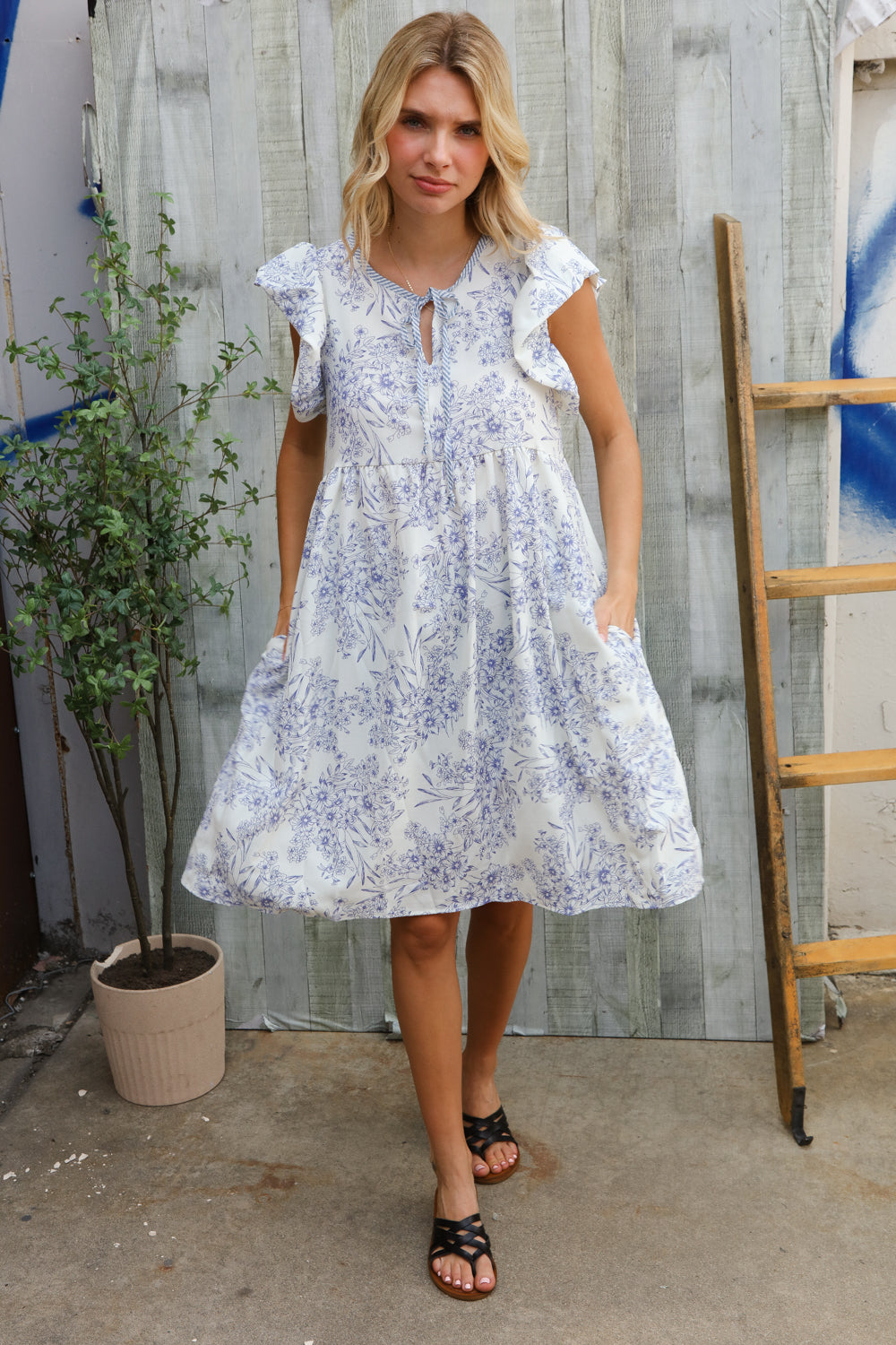 Vintage Vibes Dusty Blue Folded Ruffle Short Sleeve Babydoll Dress-Modish Lily, Tecumseh Michigan