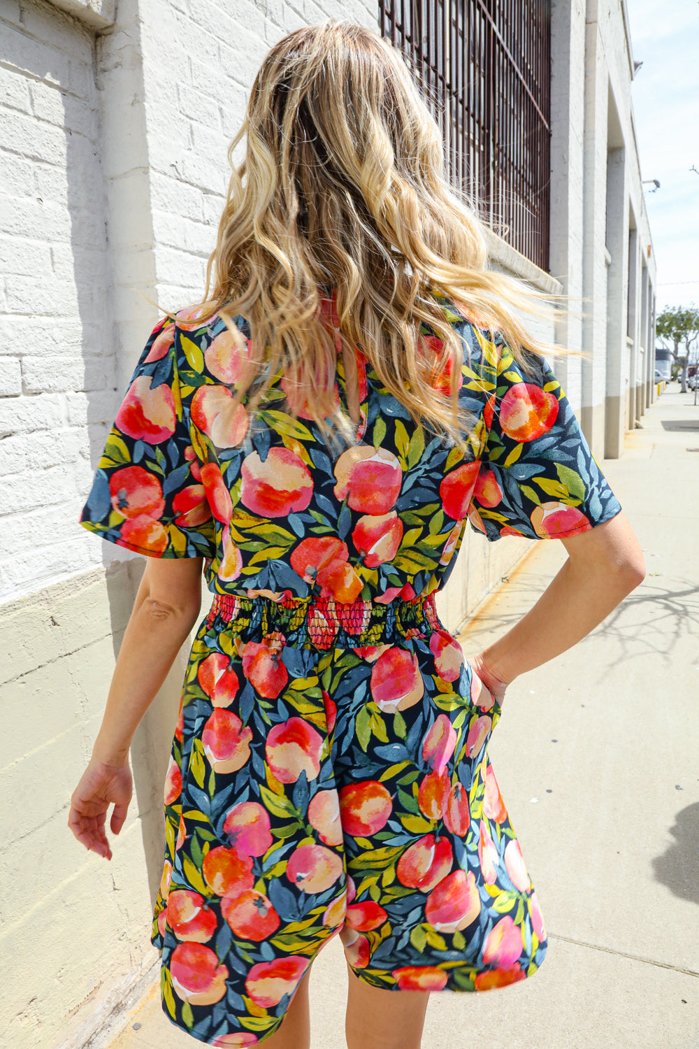 Sunny Days Floral Print Smocked Waist Back Neck Button Romper-Modish Lily, Tecumseh Michigan