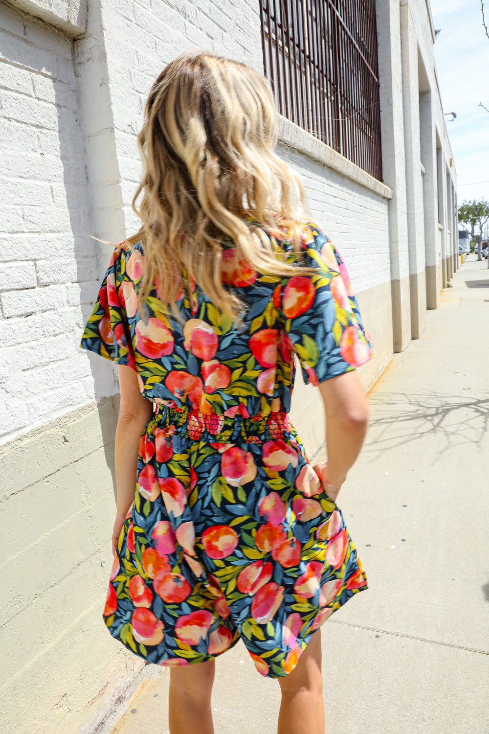 Sunny Days Floral Print Smocked Waist Back Neck Button Romper-Modish Lily, Tecumseh Michigan