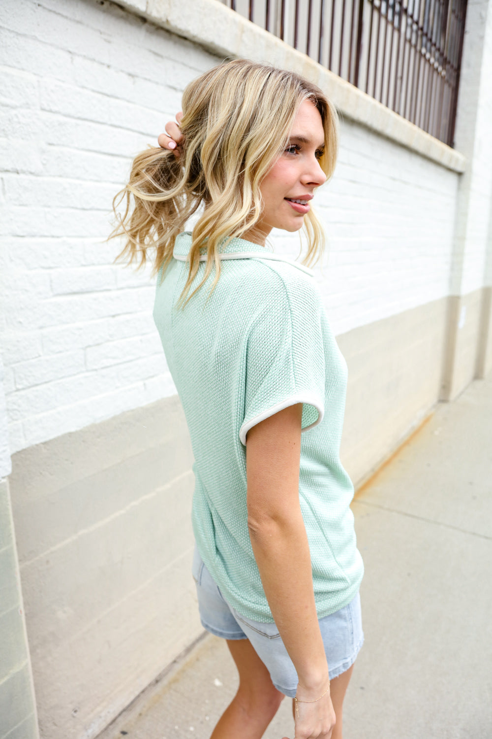 Weekend Ready Sage Collar Notch Neck Waffle Knit Top-Modish Lily, Tecumseh Michigan