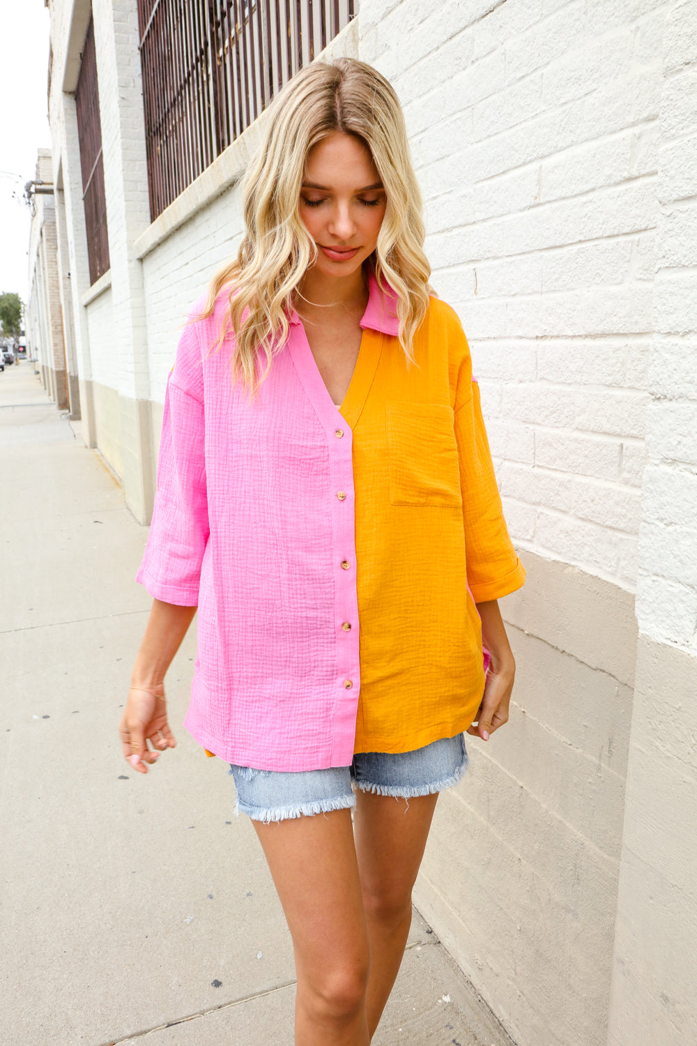 Boldy You Pink & Orange Cotton Color Block Button Down Shirt Top-Modish Lily, Tecumseh Michigan