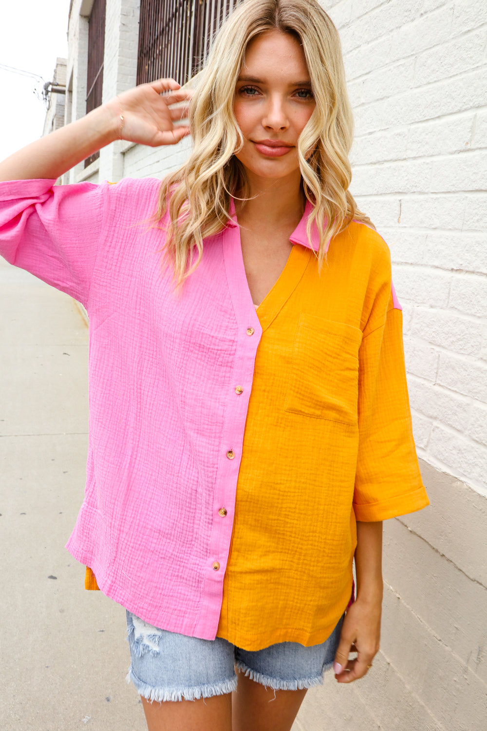 Boldy You Pink & Orange Cotton Color Block Button Down Shirt Top-Modish Lily, Tecumseh Michigan