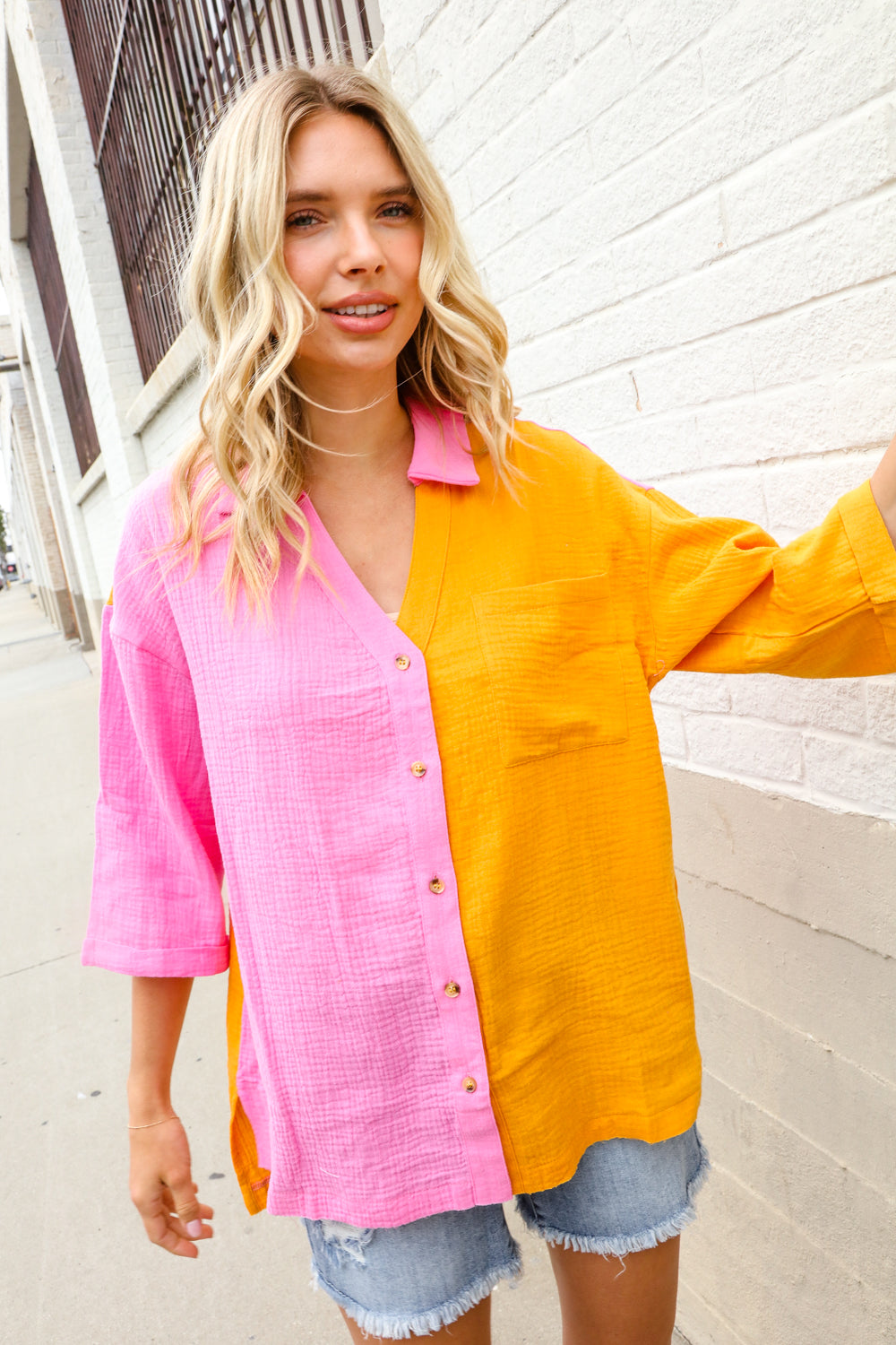 Boldy You Pink & Orange Cotton Color Block Button Down Shirt Top-Modish Lily, Tecumseh Michigan