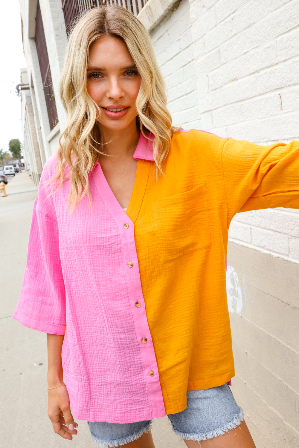 Boldy You Pink & Orange Cotton Color Block Button Down Shirt Top-Modish Lily, Tecumseh Michigan