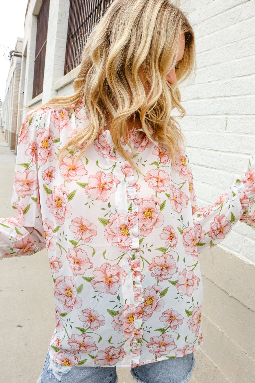 The Feminine Touch Chiffon Button-Down Floral Ruffle Sleeve Blouse-Modish Lily, Tecumseh Michigan