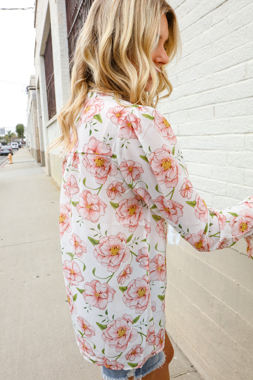 The Feminine Touch Chiffon Button-Down Floral Ruffle Sleeve Blouse-Modish Lily, Tecumseh Michigan