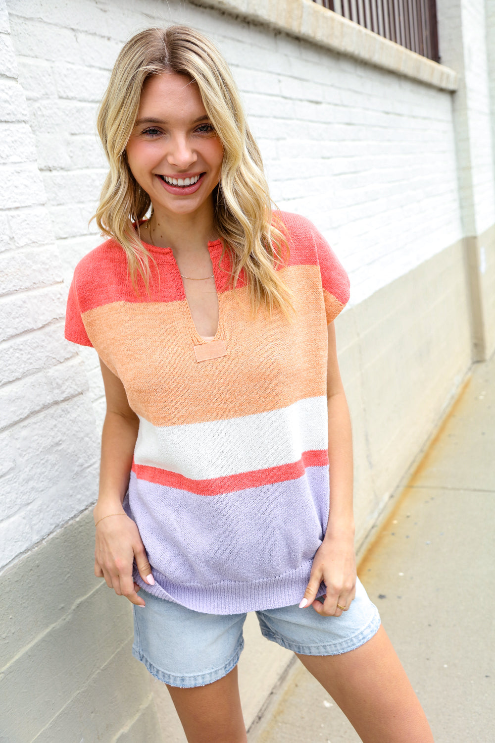 Lock Eyes Coral Notched Neck Drop Shoulder Sweater Top-Modish Lily, Tecumseh Michigan