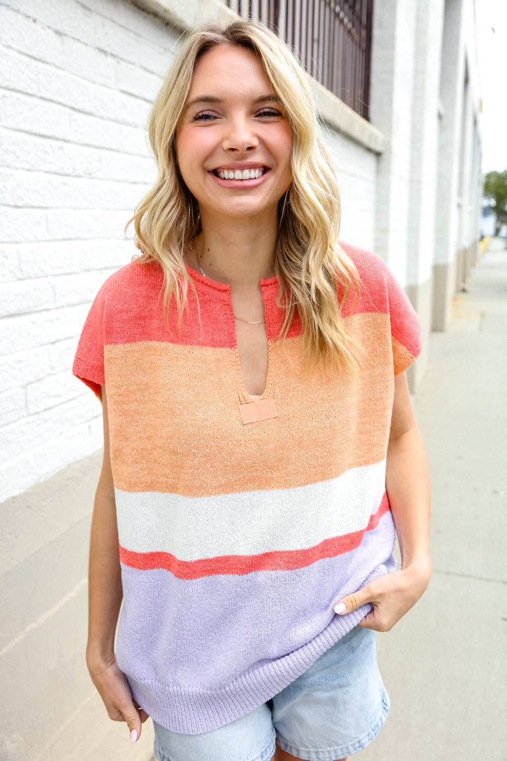 Lock Eyes Coral Notched Neck Drop Shoulder Sweater Top-Modish Lily, Tecumseh Michigan