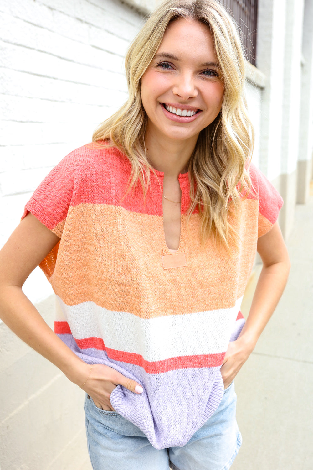 Lock Eyes Coral Notched Neck Drop Shoulder Sweater Top-Modish Lily, Tecumseh Michigan