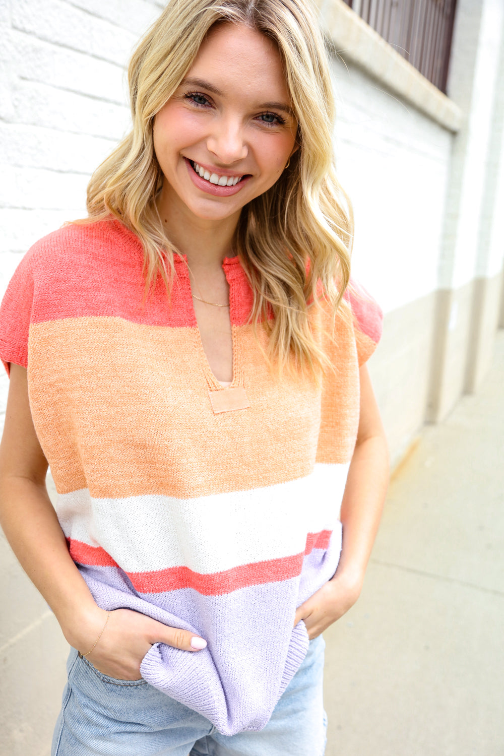 Lock Eyes Coral Notched Neck Drop Shoulder Sweater Top-Modish Lily, Tecumseh Michigan