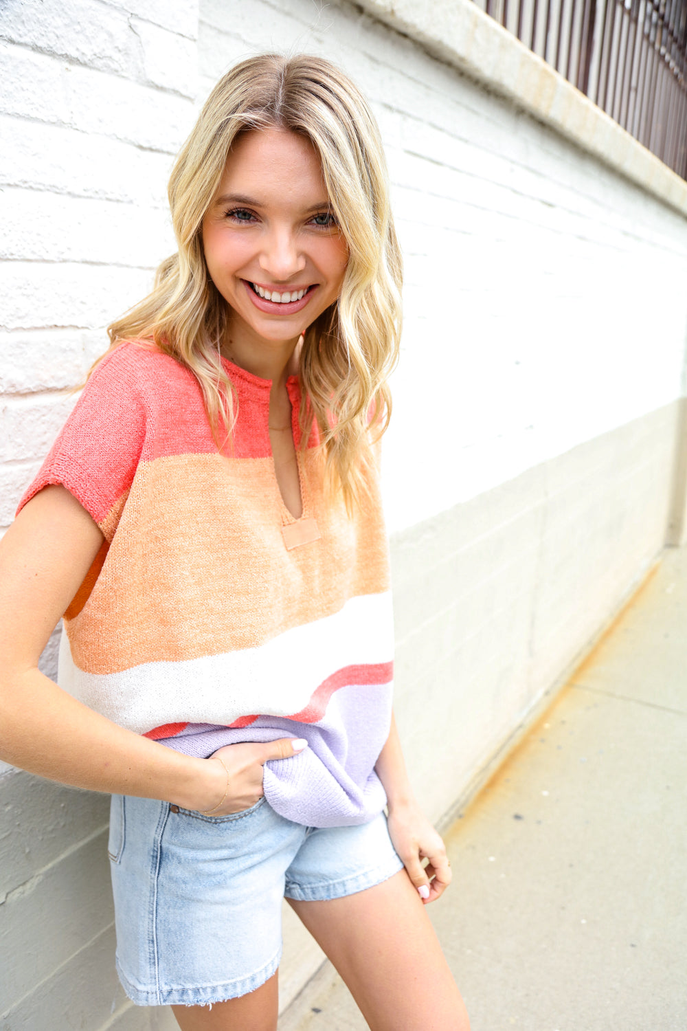 Lock Eyes Coral Notched Neck Drop Shoulder Sweater Top-Modish Lily, Tecumseh Michigan