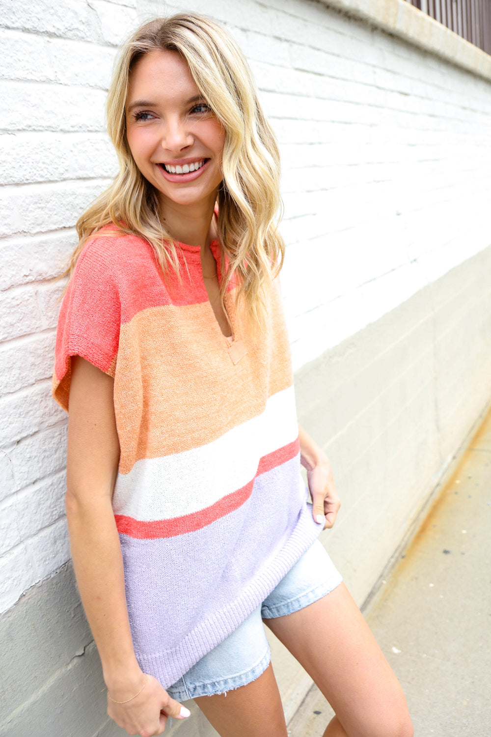 Lock Eyes Coral Notched Neck Drop Shoulder Sweater Top-Modish Lily, Tecumseh Michigan