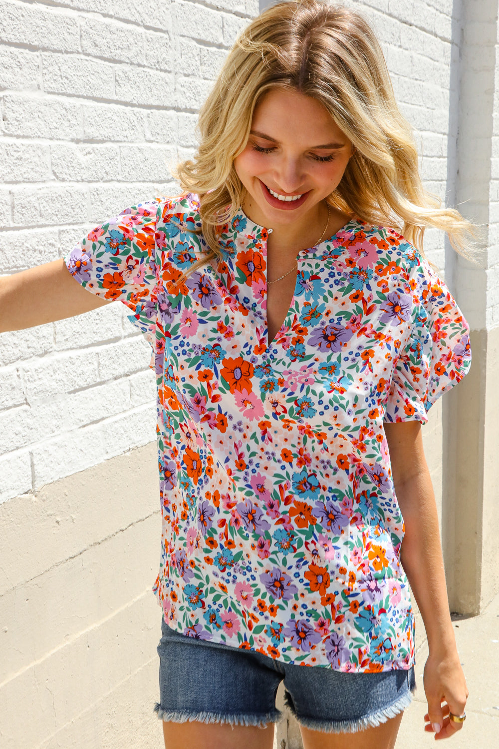 Beautiful You Ivory Floral Print Notch Neck Puff Short Sleeve Top-Modish Lily, Tecumseh Michigan