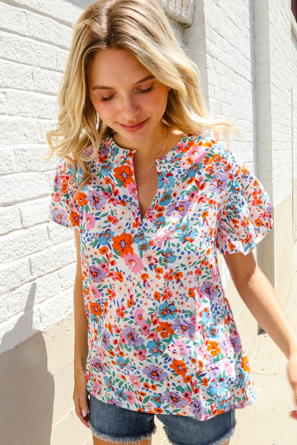 Beautiful You Ivory Floral Print Notch Neck Puff Short Sleeve Top-Modish Lily, Tecumseh Michigan