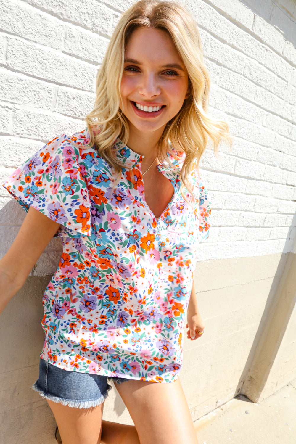 Beautiful You Ivory Floral Print Notch Neck Puff Short Sleeve Top-Modish Lily, Tecumseh Michigan
