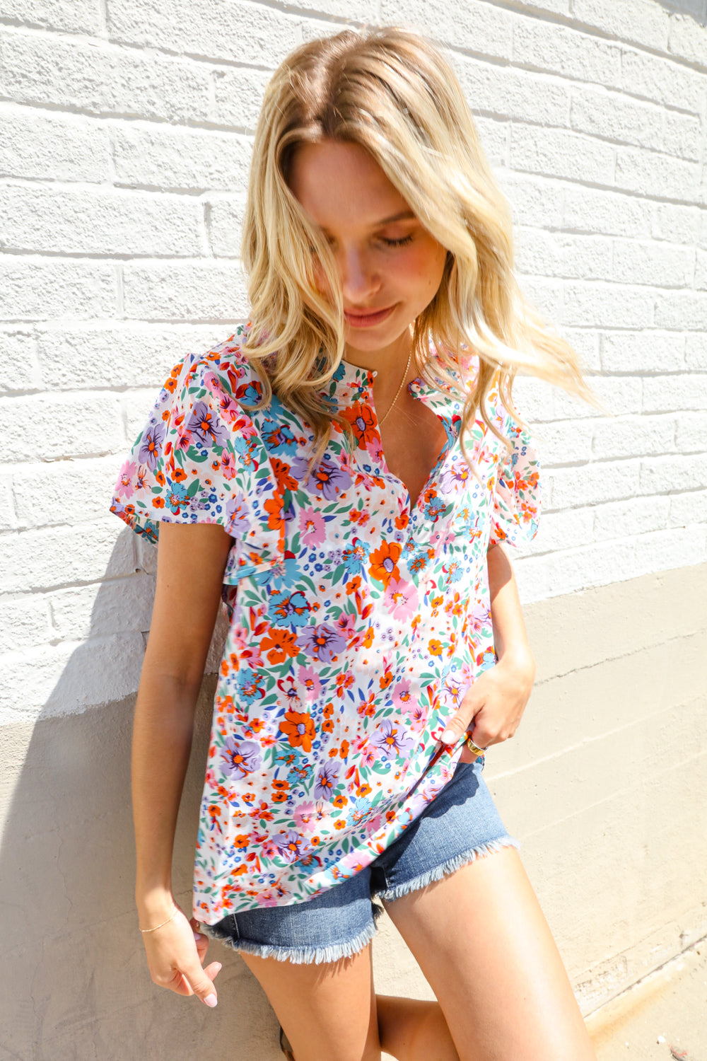 Beautiful You Ivory Floral Print Notch Neck Puff Short Sleeve Top-Modish Lily, Tecumseh Michigan