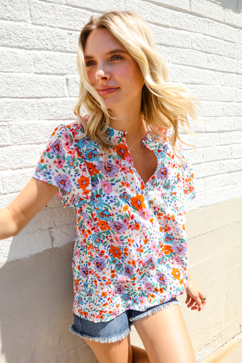Beautiful You Ivory Floral Print Notch Neck Puff Short Sleeve Top-Modish Lily, Tecumseh Michigan