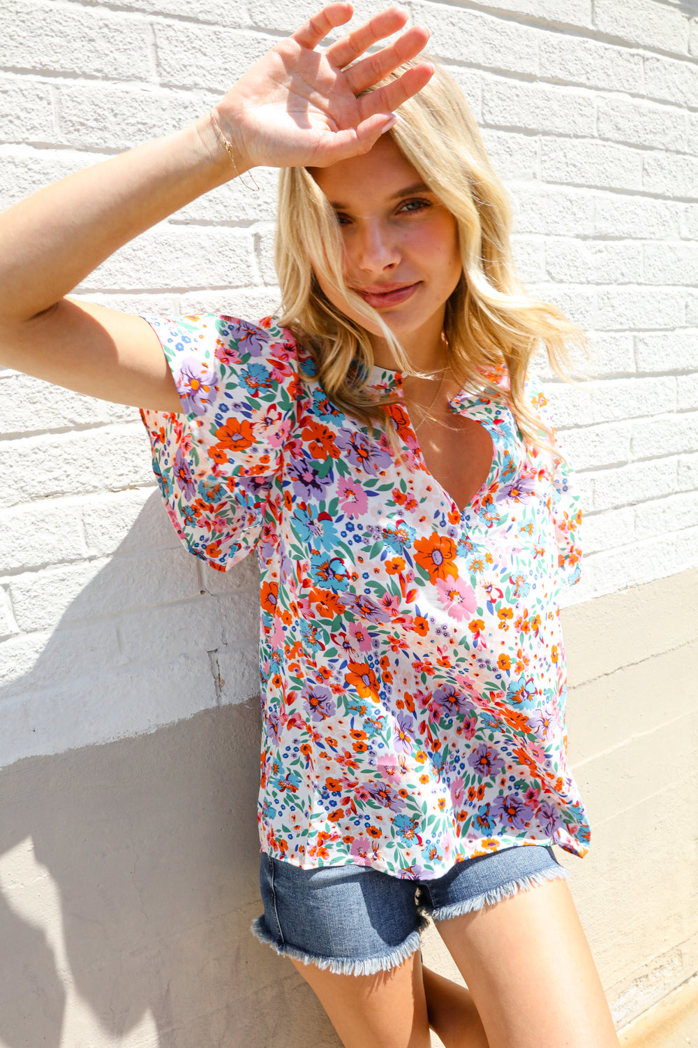 Beautiful You Ivory Floral Print Notch Neck Puff Short Sleeve Top-Modish Lily, Tecumseh Michigan