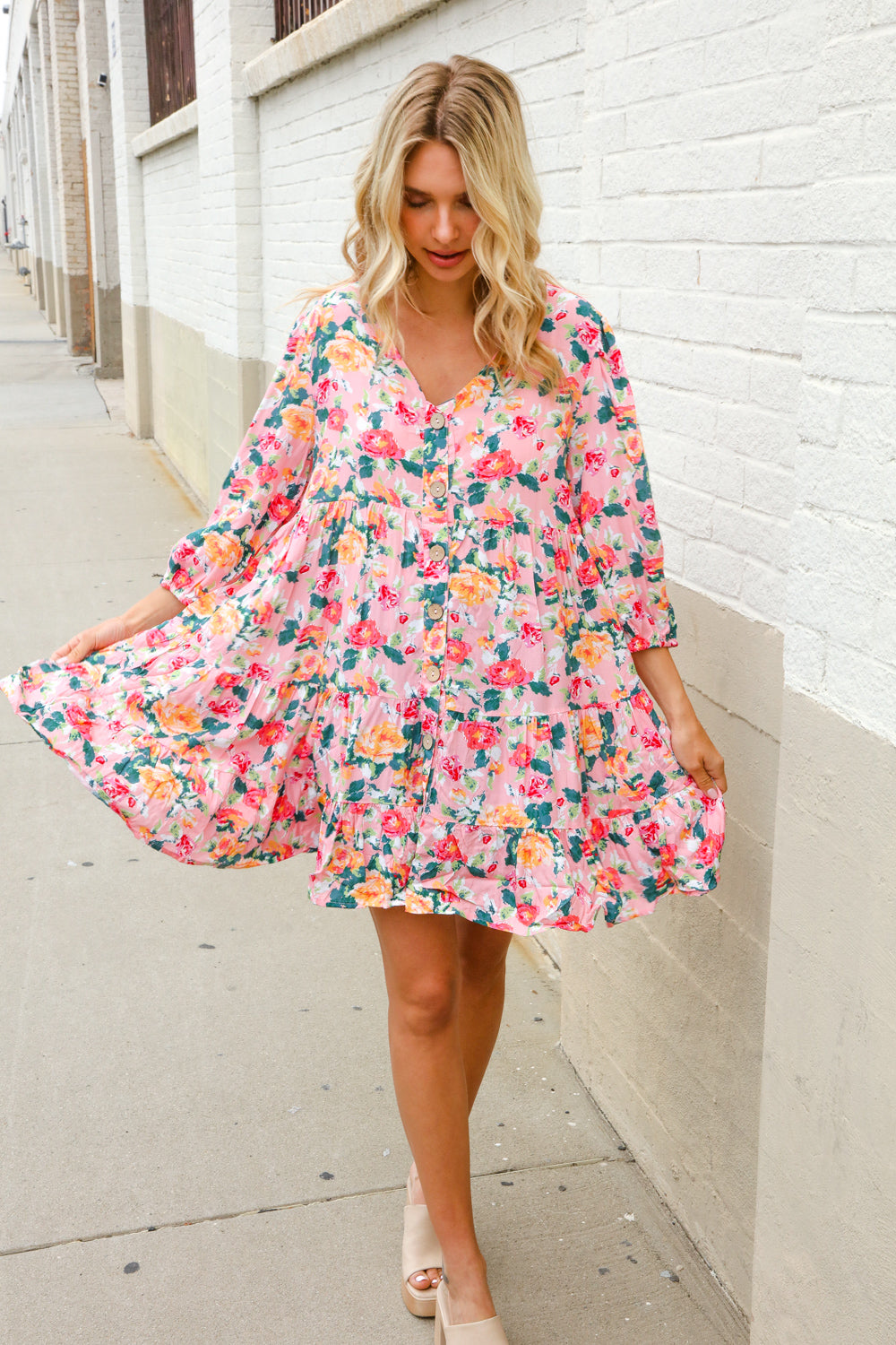 Boho Vibes Cotton Floral Button Down 3/4 Sleeve Tiered Dress-Modish Lily, Tecumseh Michigan