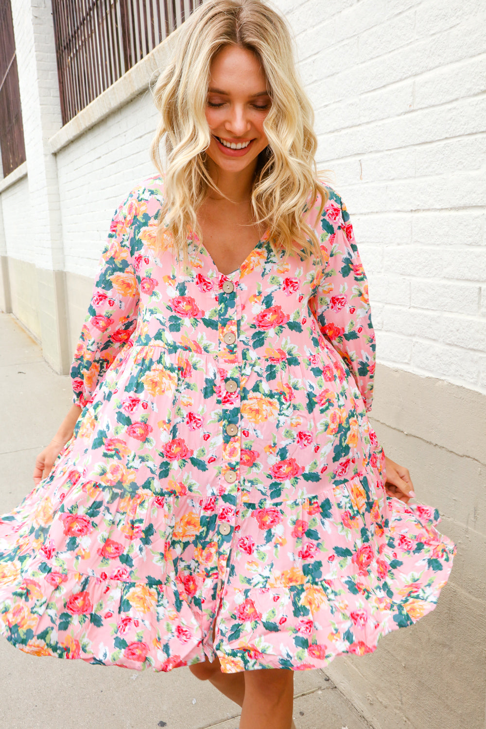 Boho Vibes Cotton Floral Button Down 3/4 Sleeve Tiered Dress-Modish Lily, Tecumseh Michigan