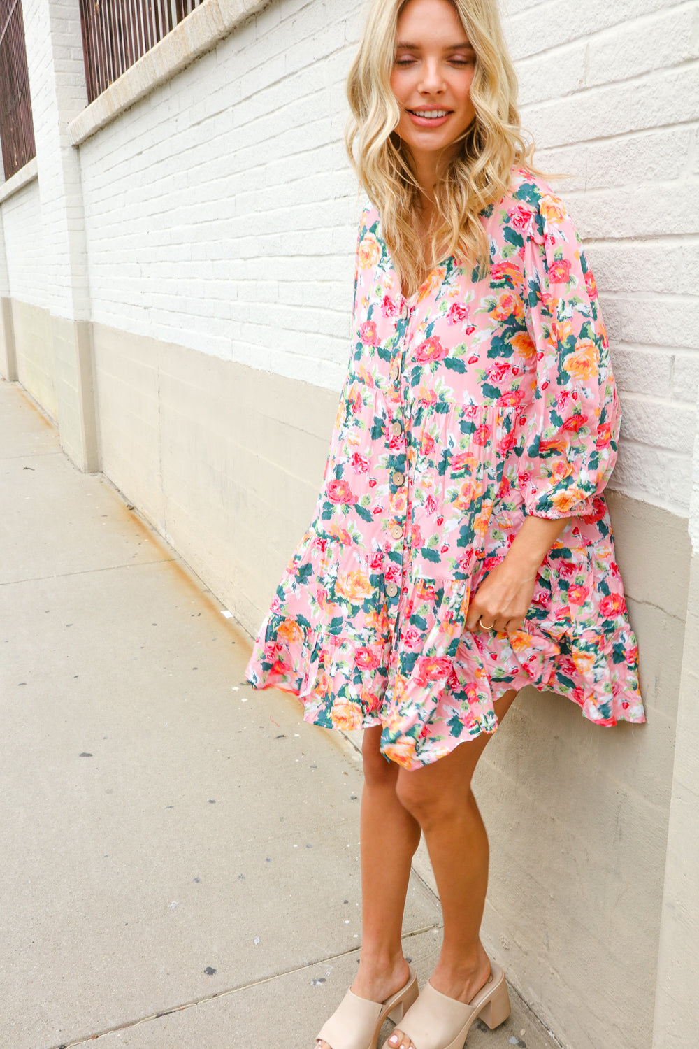 Boho Vibes Cotton Floral Button Down 3/4 Sleeve Tiered Dress-Modish Lily, Tecumseh Michigan