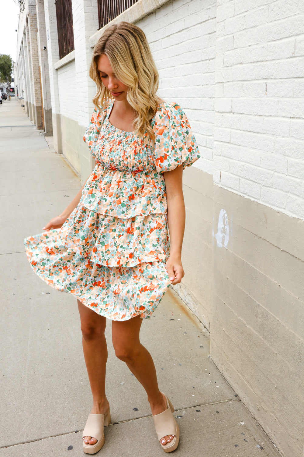 Find Love Floral Print Smocked Neck Puff Sleeve Ruffle Tiered Dress-Modish Lily, Tecumseh Michigan