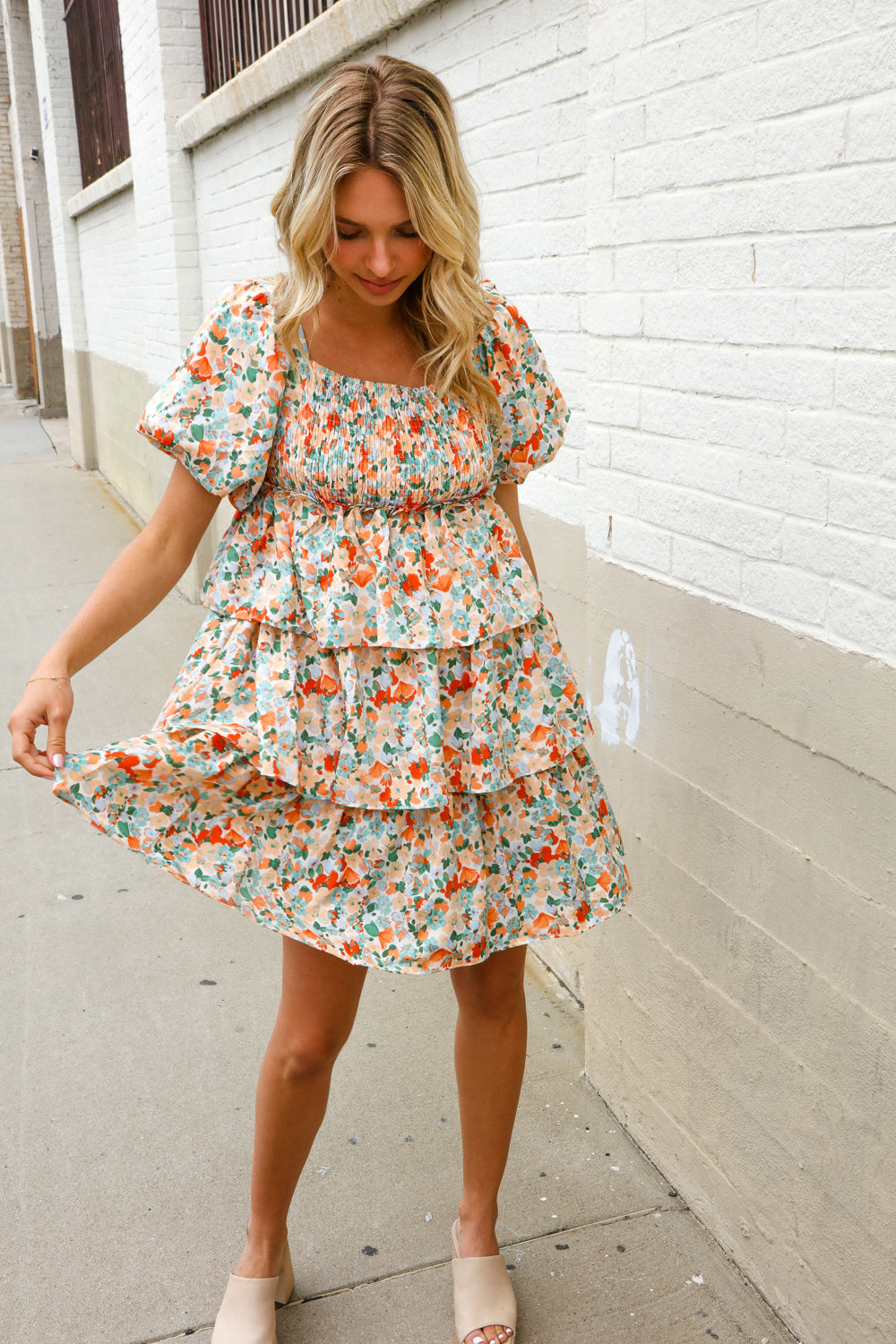 Find Love Floral Print Smocked Neck Puff Sleeve Ruffle Tiered Dress-Modish Lily, Tecumseh Michigan