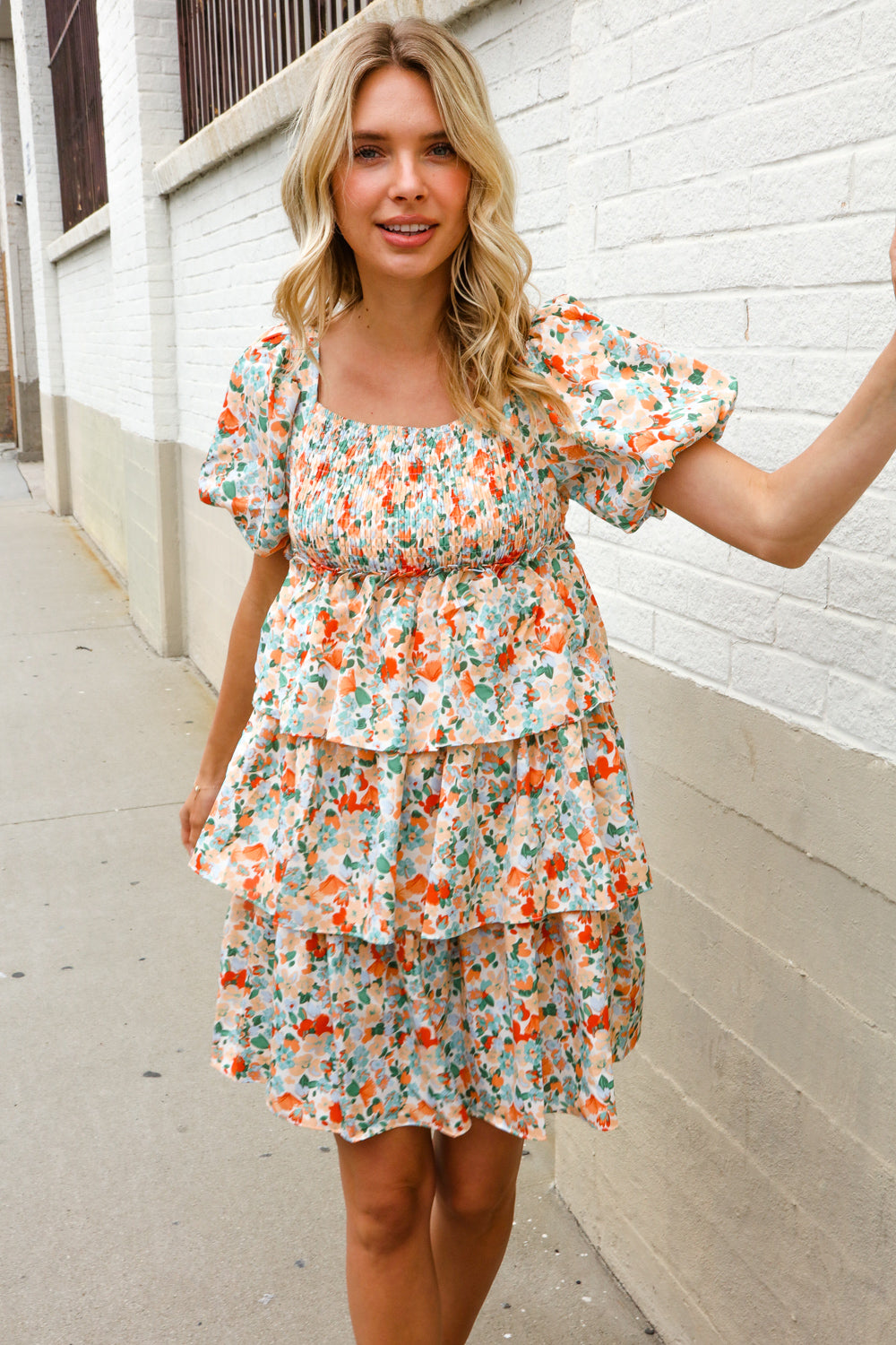 Find Love Floral Print Smocked Neck Puff Sleeve Ruffle Tiered Dress-Modish Lily, Tecumseh Michigan