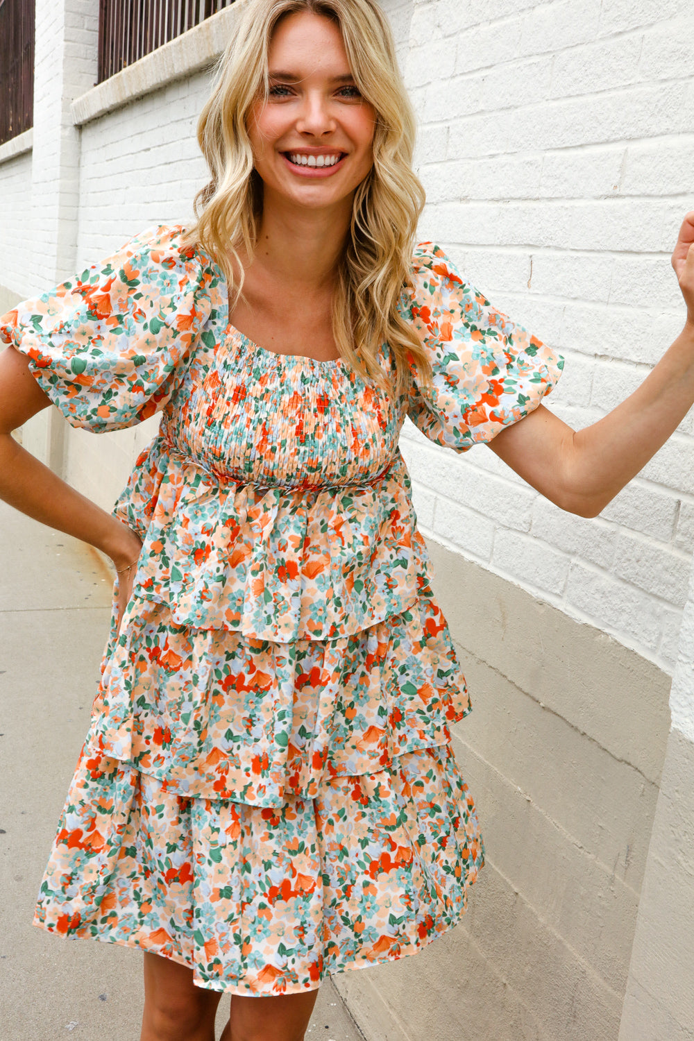 Find Love Floral Print Smocked Neck Puff Sleeve Ruffle Tiered Dress-Modish Lily, Tecumseh Michigan